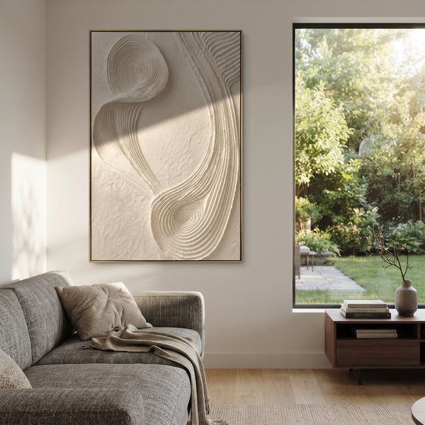 "Ribbed Loop Plaster Relief" - Modern Heavy Impasto Geometric Abstract | White & Beige Palette Knife Painting | Luxury Vertical Wall Art #PT 1807
