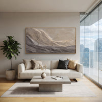 Grey Storm Wave Relief focuses on this hand-painted textured canvas features a wide grey storm-like wave with layered ridges, ivory highlights, and heavy horizontal plaster movement. The composition is described from the actual main image, so the visible subject, color balance, spacing, and surface movement stay specific to this product instead of reading like a batch title. Raised palette-knife layers, sculpted impasto ridges, softened brush transitions, and tactile handmade texture give the