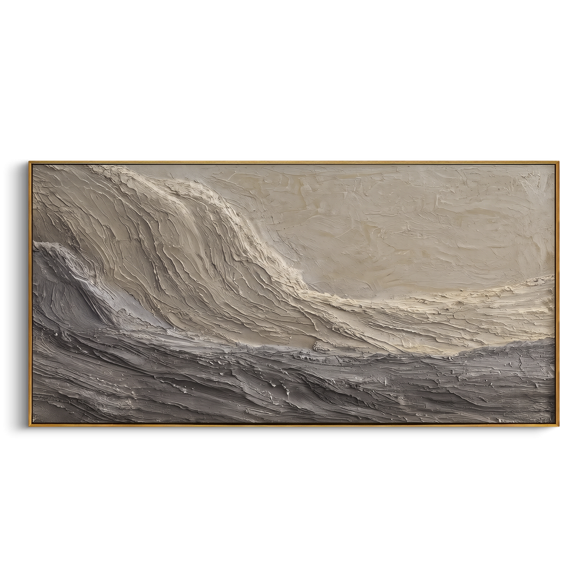Grey Storm Wave Relief focuses on this hand-painted textured canvas features a wide grey storm-like wave with layered ridges, ivory highlights, and heavy horizontal plaster movement. The composition is described from the actual main image, so the visible subject, color balance, spacing, and surface movement stay specific to this product instead of reading like a batch title. Raised palette-knife layers, sculpted impasto ridges, softened brush transitions, and tactile handmade texture give the