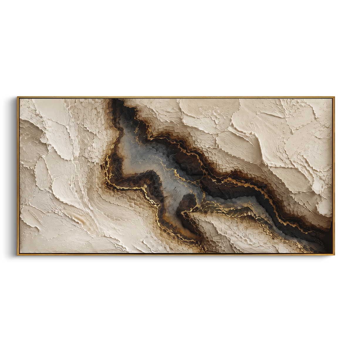 "Black Gold Stone Vein Relief" - Modern Heavy Impasto Abstract Artwork | Black & Brown Palette Knife Painting | Luxury Horizontal Wall Art #PT 1809