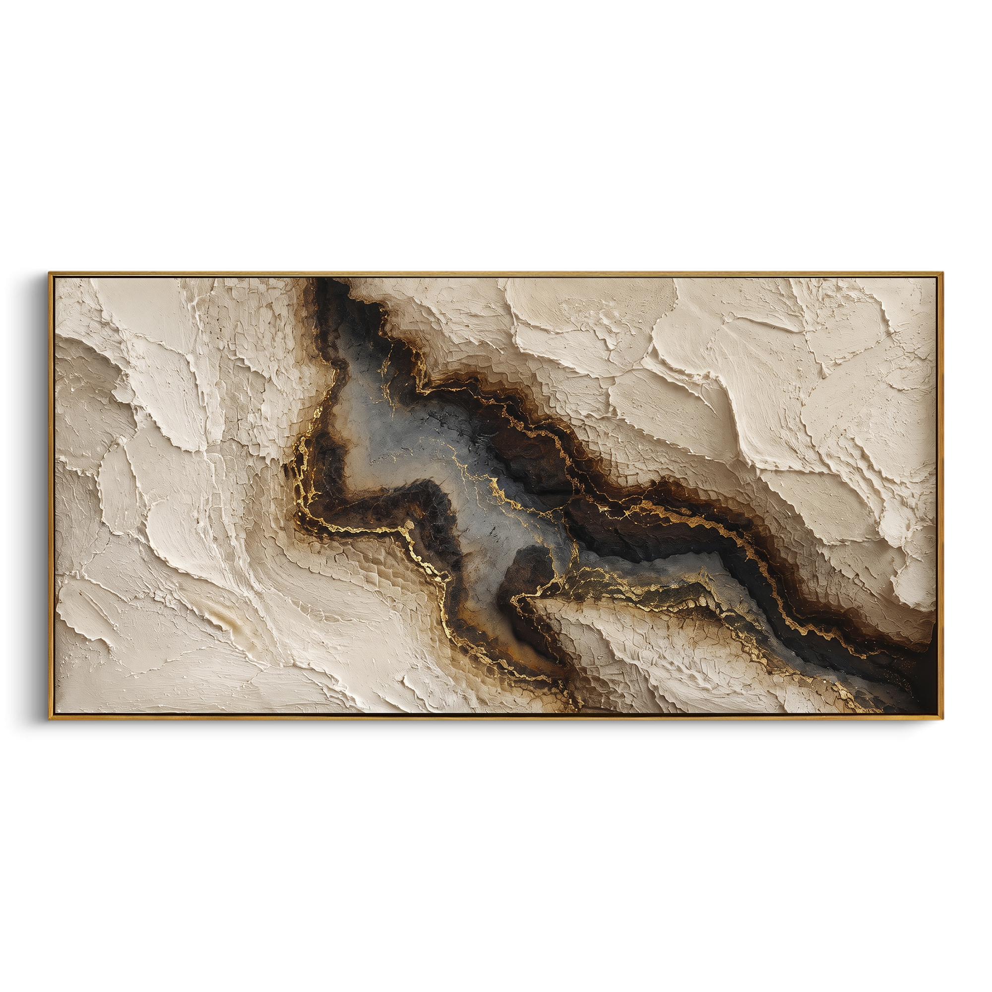 Black Gold Stone Vein Relief focuses on this hand-painted textured canvas features a dark black and brown mineral vein edged with gold against layered ivory plaster texture. The composition is described from the actual main image, so the visible subject, color balance, spacing, and surface movement stay specific to this product instead of reading like a batch title. Raised palette-knife layers, sculpted impasto ridges, softened brush transitions, and tactile handmade texture give the canvas