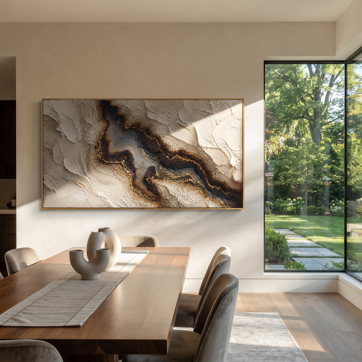 Black Gold Stone Vein Relief focuses on this hand-painted textured canvas features a dark black and brown mineral vein edged with gold against layered ivory plaster texture. The composition is described from the actual main image, so the visible subject, color balance, spacing, and surface movement stay specific to this product instead of reading like a batch title. Raised palette-knife layers, sculpted impasto ridges, softened brush transitions, and tactile handmade texture give the canvas