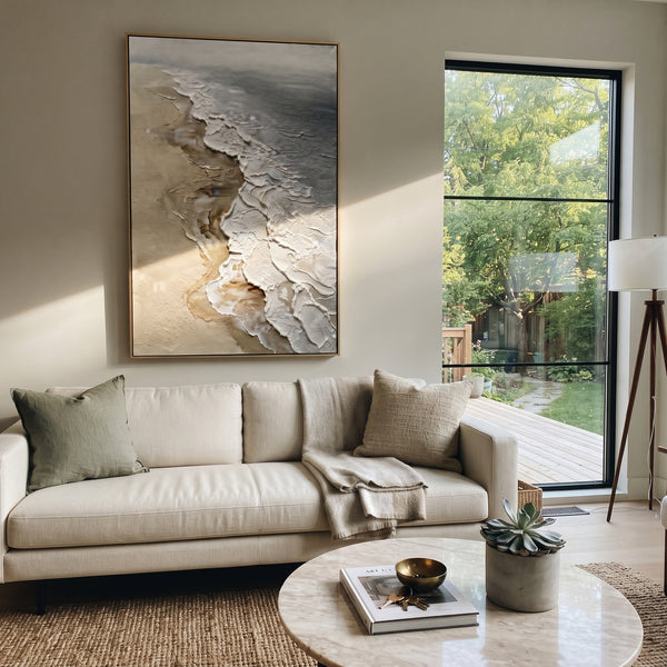 "Neutral Foamy Shoreline Relief" - Modern Heavy Impasto Coastal Landscape | Beige & White Palette Knife Painting | Luxury Vertical Wall Art #PT 1811