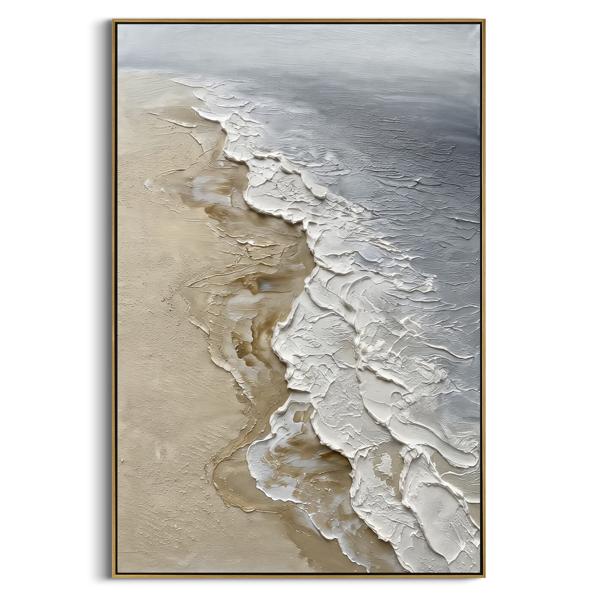 Neutral Foamy Shoreline Relief focuses on this hand-painted textured canvas features a vertical aerial shore with sandy beige texture, raised white foam edges, and grey water tones. The title and description are matched to the actual main image, so the visible subject, color balance, spacing, and surface movement stay specific to this product instead of using a repeated batch phrase. Raised palette-knife layers, sculpted impasto ridges, softened brush transitions, and tactile handmade texture