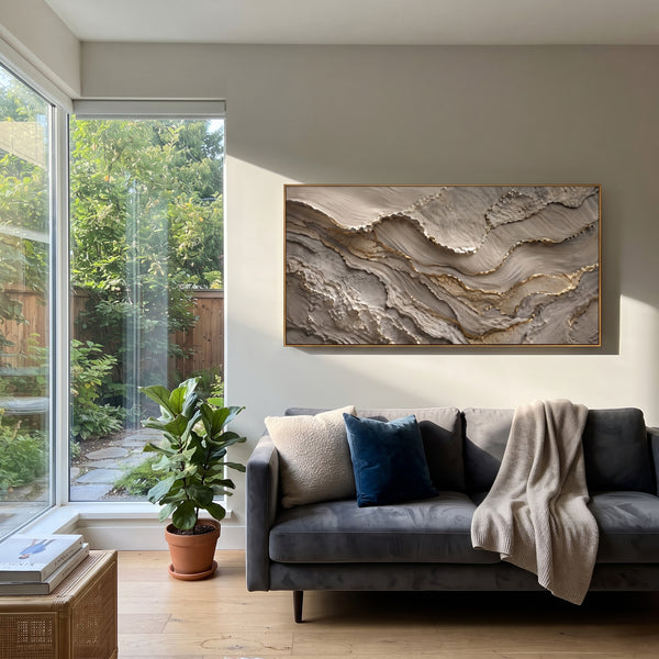 "Grey Gold Layered Stone Relief" - Modern Heavy Impasto Abstract Artwork | Grey & Gold Palette Knife Painting | Luxury Horizontal Wall Art #PT 1812