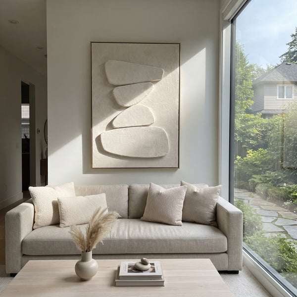 "White Balanced Stone Relief" - Modern Heavy Impasto Geometric Abstract | White & Beige Palette Knife Painting | Luxury Vertical Wall Art #PT 1813