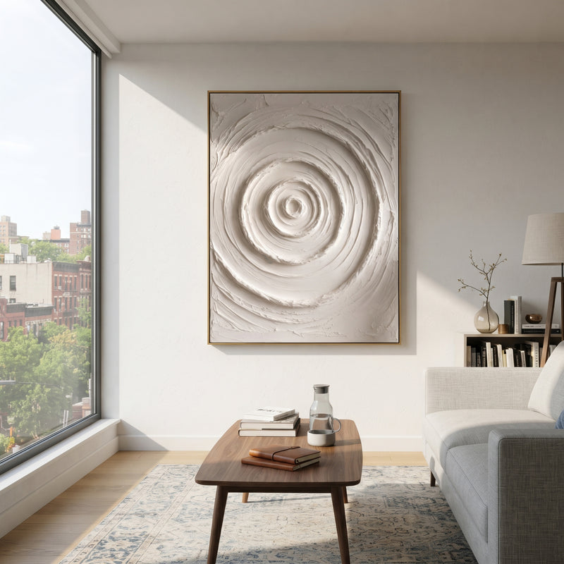 "White Concentric Relief" - Modern Heavy Impasto Abstract Artwork | White & Beige Palette Knife Painting | Luxury Vertical Wall Art #PT 1814