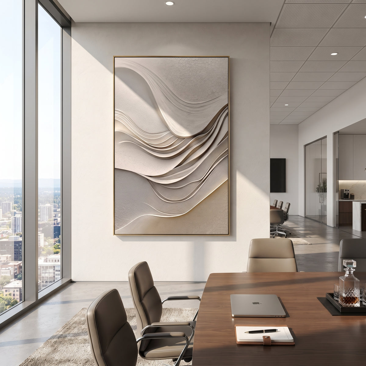 Neutral Flowing Relief focuses on this hand-painted textured canvas features abstract plaster relief, carved organic movement, layered neutral surfaces, and sculptural handmade texture, built with raised palette-knife texture, layered brushwork, and sculptural plaster-like depth. The composition is described from the actual main image, so the visible subject, color balance, spacing, and surface movement stay specific to this product instead of reading like a batch title. Raised palette-knife