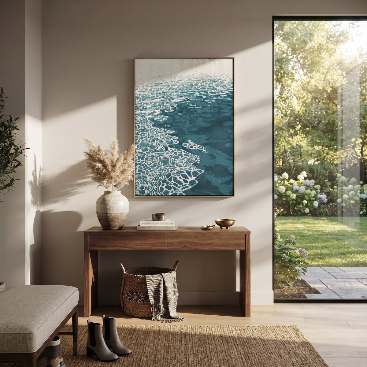 Turquoise Water Texture focuses on this hand-painted textured canvas features coastal surf, raised seafoam, shoreline movement, and layered blue-green water texture, built with raised palette-knife texture, layered brushwork, and sculptural plaster-like depth. The composition is described from the actual main image, so the visible subject, color balance, spacing, and surface movement stay specific to this product instead of reading like a batch title. Raised palette-knife layers, sculpted