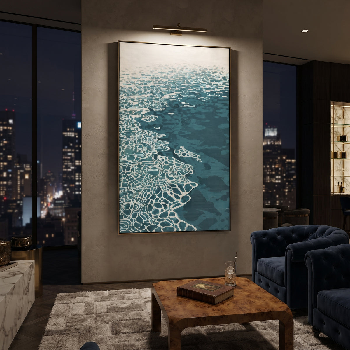 Turquoise Water Texture focuses on this hand-painted textured canvas features coastal surf, raised seafoam, shoreline movement, and layered blue-green water texture, built with raised palette-knife texture, layered brushwork, and sculptural plaster-like depth. The composition is described from the actual main image, so the visible subject, color balance, spacing, and surface movement stay specific to this product instead of reading like a batch title. Raised palette-knife layers, sculpted