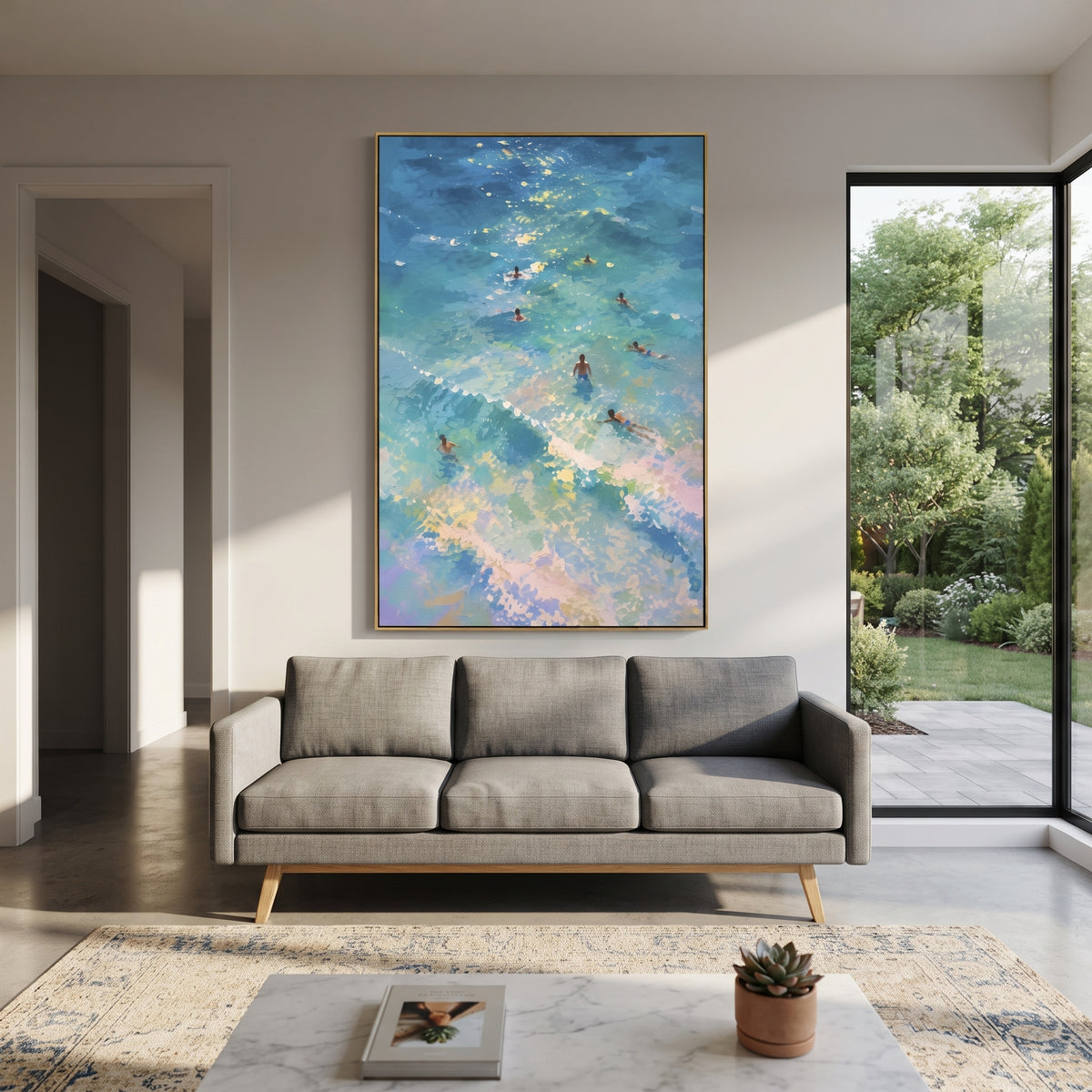 Aerial Swimmers Ocean focuses on this hand-painted textured canvas features coastal surf, raised seafoam, shoreline movement, and layered blue-green water texture, built with raised palette-knife texture, layered brushwork, and sculptural plaster-like depth. The composition is described from the actual main image, so the visible subject, color balance, spacing, and surface movement stay specific to this product instead of reading like a batch title. Raised palette-knife layers, sculpted impasto