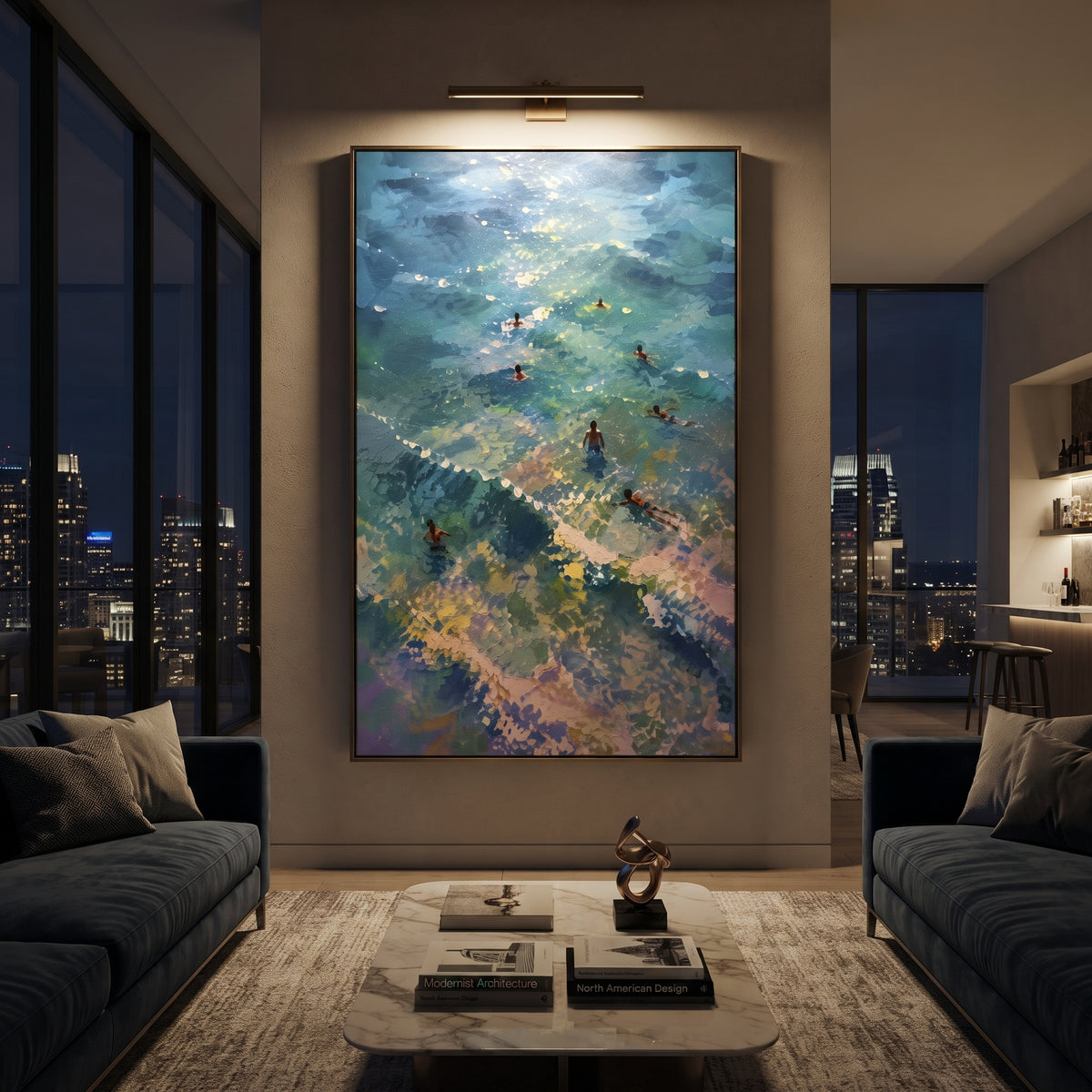 Aerial Swimmers Ocean focuses on this hand-painted textured canvas features coastal surf, raised seafoam, shoreline movement, and layered blue-green water texture, built with raised palette-knife texture, layered brushwork, and sculptural plaster-like depth. The composition is described from the actual main image, so the visible subject, color balance, spacing, and surface movement stay specific to this product instead of reading like a batch title. Raised palette-knife layers, sculpted impasto
