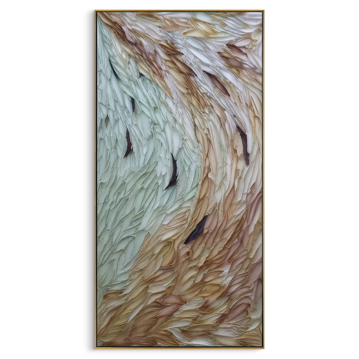 "Pastel Feathered Relief" - Modern Heavy Impasto Geometric Abstract | Green & Beige Palette Knife Painting | Luxury Vertical Wall Art #PT 1819