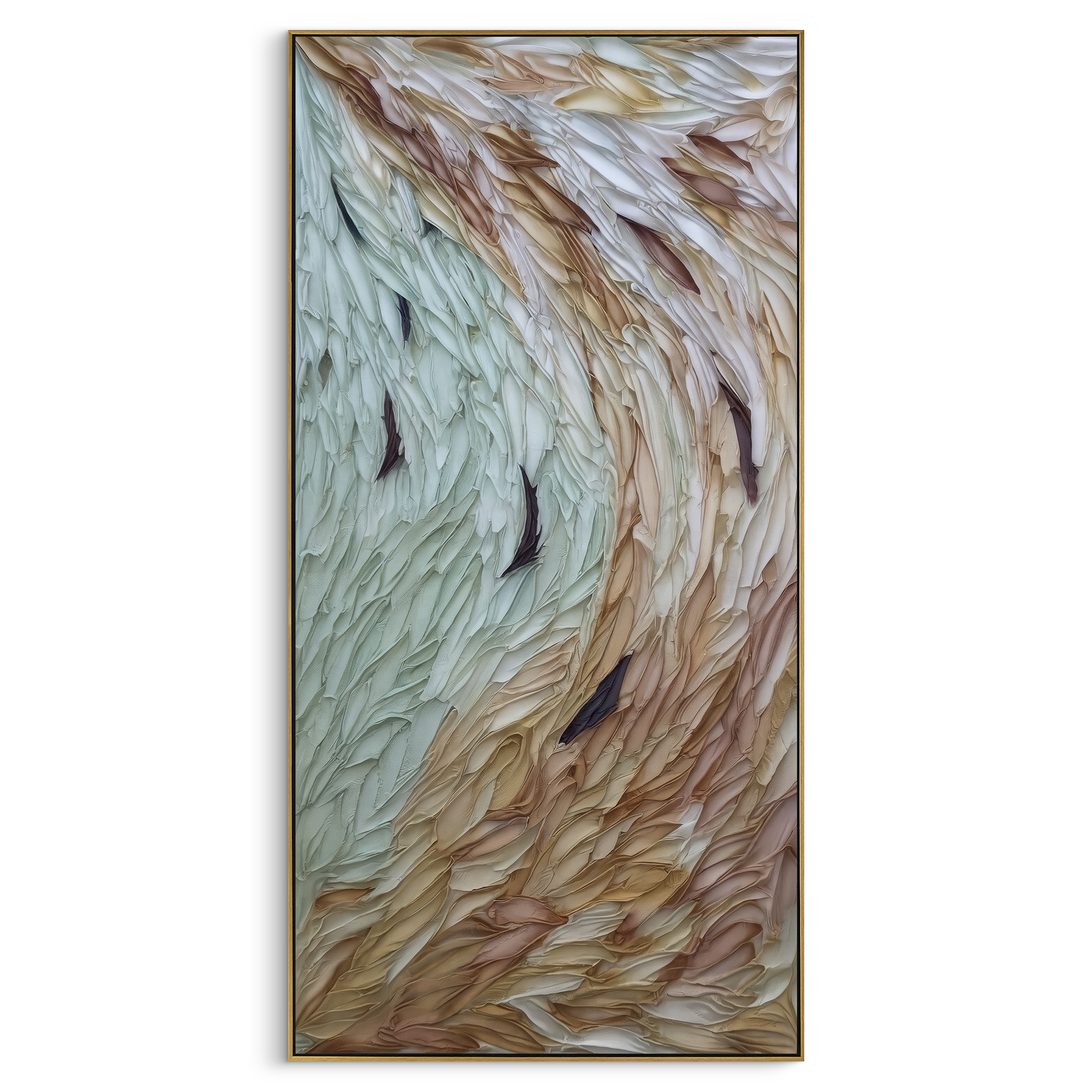 Pastel Feathered Relief focuses on this hand-painted textured canvas features geometric relief forms, carved linework, layered plaster blocks, and measured modern surface rhythm, built with raised palette-knife texture, layered brushwork, and sculptural plaster-like depth. The composition is described from the actual main image, so the visible subject, color balance, spacing, and surface movement stay specific to this product instead of reading like a batch title. Raised palette-knife layers