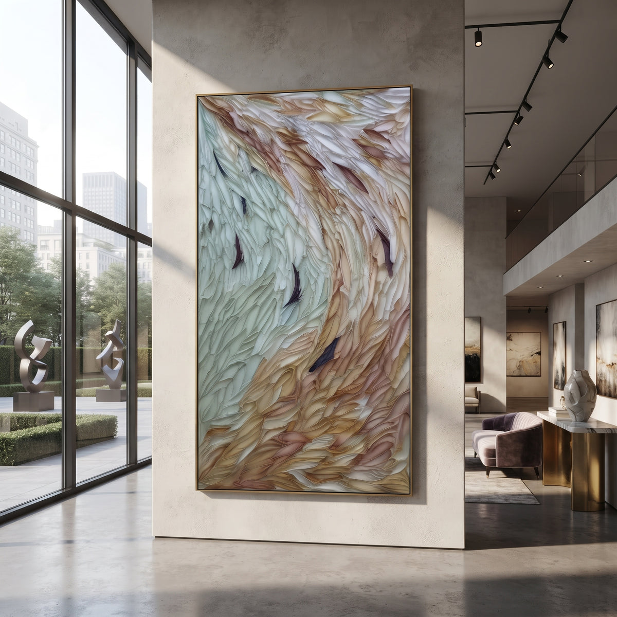 Pastel Feathered Relief focuses on this hand-painted textured canvas features geometric relief forms, carved linework, layered plaster blocks, and measured modern surface rhythm, built with raised palette-knife texture, layered brushwork, and sculptural plaster-like depth. The composition is described from the actual main image, so the visible subject, color balance, spacing, and surface movement stay specific to this product instead of reading like a batch title. Raised palette-knife layers