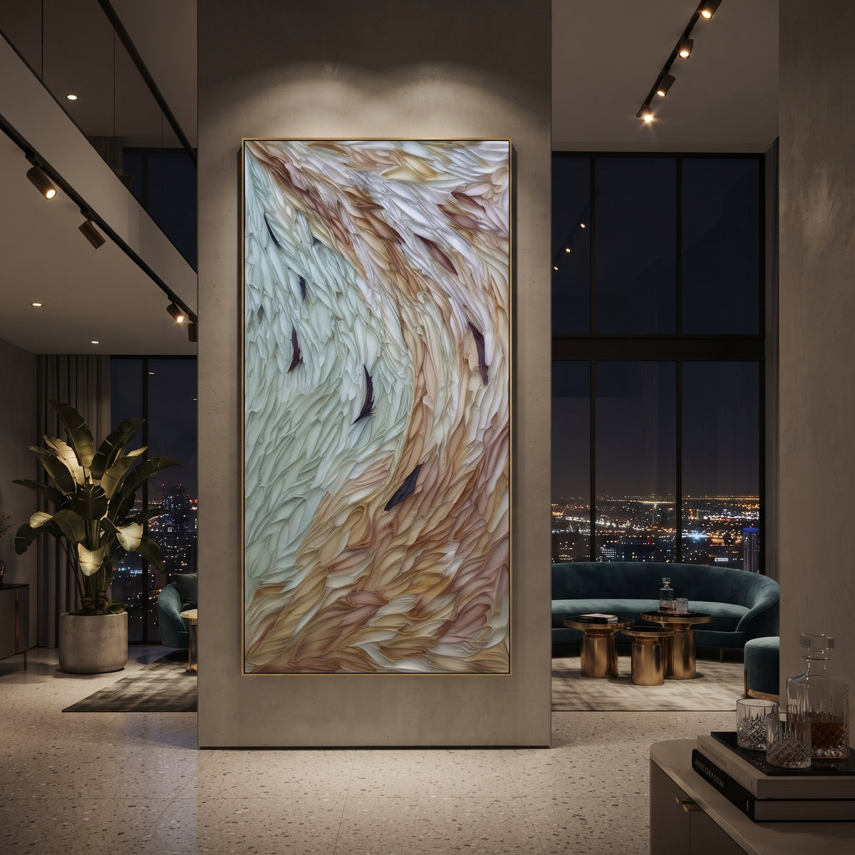 Pastel Feathered Relief focuses on this hand-painted textured canvas features geometric relief forms, carved linework, layered plaster blocks, and measured modern surface rhythm, built with raised palette-knife texture, layered brushwork, and sculptural plaster-like depth. The composition is described from the actual main image, so the visible subject, color balance, spacing, and surface movement stay specific to this product instead of reading like a batch title. Raised palette-knife layers