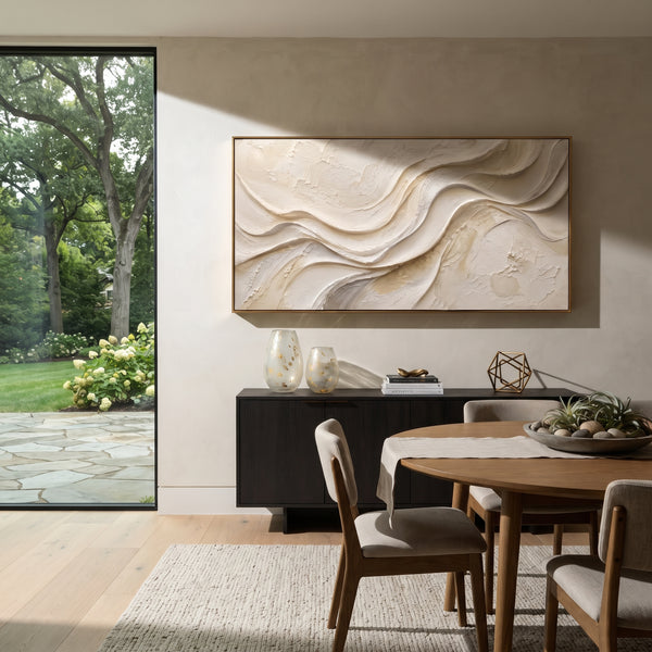 "Ivory Wave Relief" - Modern Heavy Impasto Ocean Wave Seascape | White & Beige Palette Knife Painting | Luxury Horizontal Wall Art #PT 1821