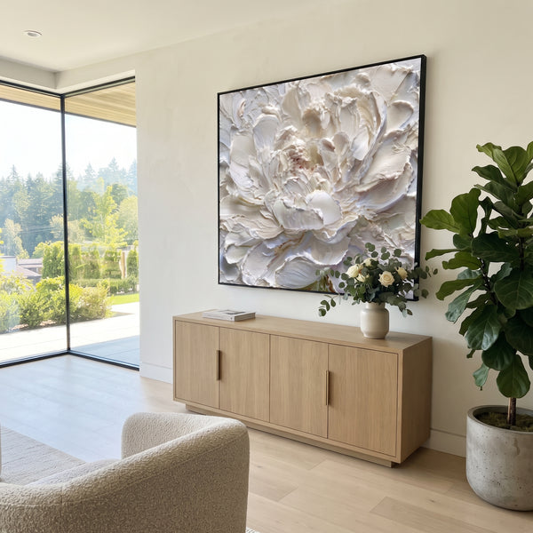 "White Impasto Flower" - Modern Heavy Impasto Floral Abstract | White & Beige Palette Knife Painting | Luxury Square Wall Art #PT 1823