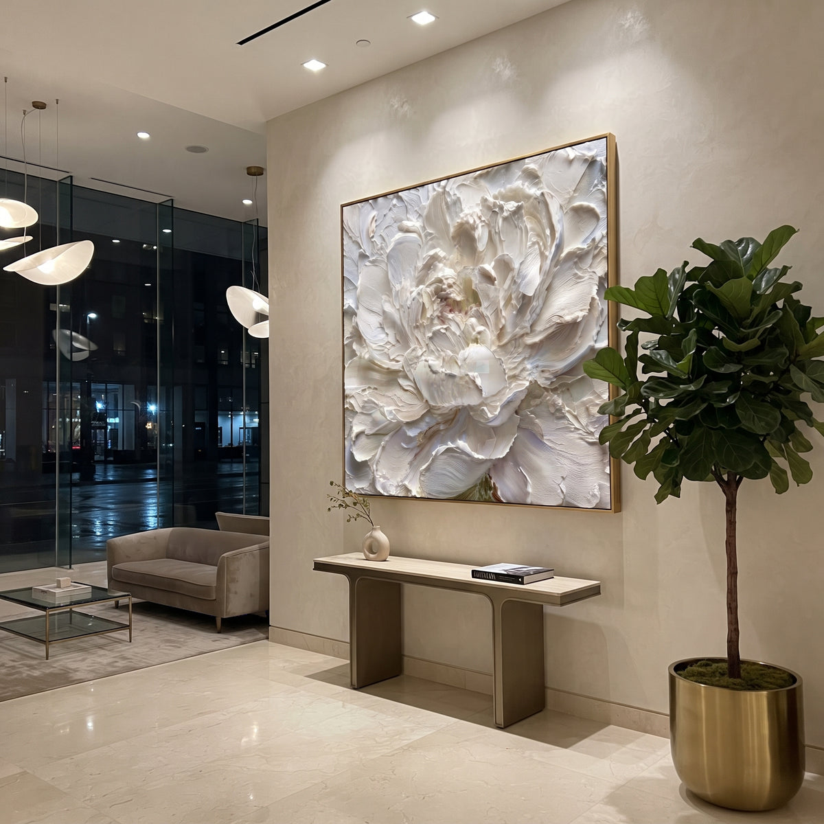 White Impasto Flower focuses on this hand-painted textured canvas features abstract plaster relief, carved organic movement, layered neutral surfaces, and sculptural handmade texture, built with raised palette-knife texture, layered brushwork, and sculptural plaster-like depth. The composition is described from the actual main image, so the visible subject, color balance, spacing, and surface movement stay specific to this product instead of reading like a batch title. Raised palette-knife