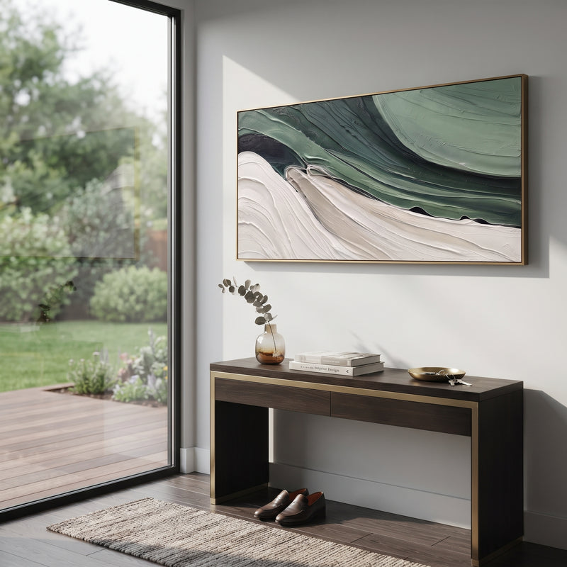 "Deep Green Flow Relief" - Modern Heavy Impasto Topographic Abstract | Green & Black Palette Knife Painting | Luxury Horizontal Wall Art #PT 1824