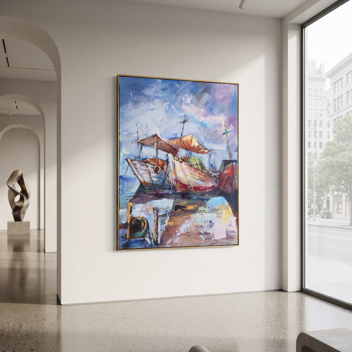Colorful Sailboats Harbor focuses on this hand-painted textured canvas features coastal surf, raised seafoam, shoreline movement, and layered blue-green water texture, built with raised palette-knife texture, layered brushwork, and sculptural plaster-like depth. The composition is described from the actual main image, so the visible subject, color balance, spacing, and surface movement stay specific to this product instead of reading like a batch title. Raised palette-knife layers, sculpted