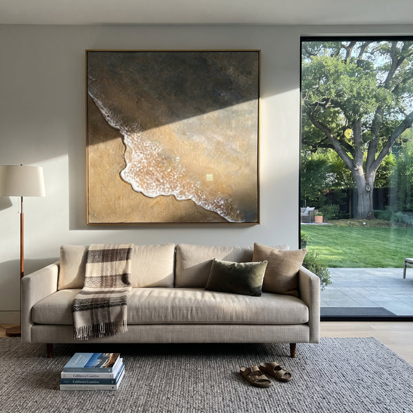 "Foamy Shoreline Wave" - Modern Heavy Impasto Ocean Wave Seascape | Beige & White Palette Knife Painting | Luxury Square Wall Art #PT 1828