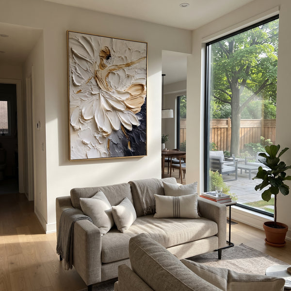 "White Gold Floral Impasto" - Modern Heavy Impasto Floral Abstract | White & Golden Palette Knife Painting | Luxury Vertical Wall Art #PT 1829