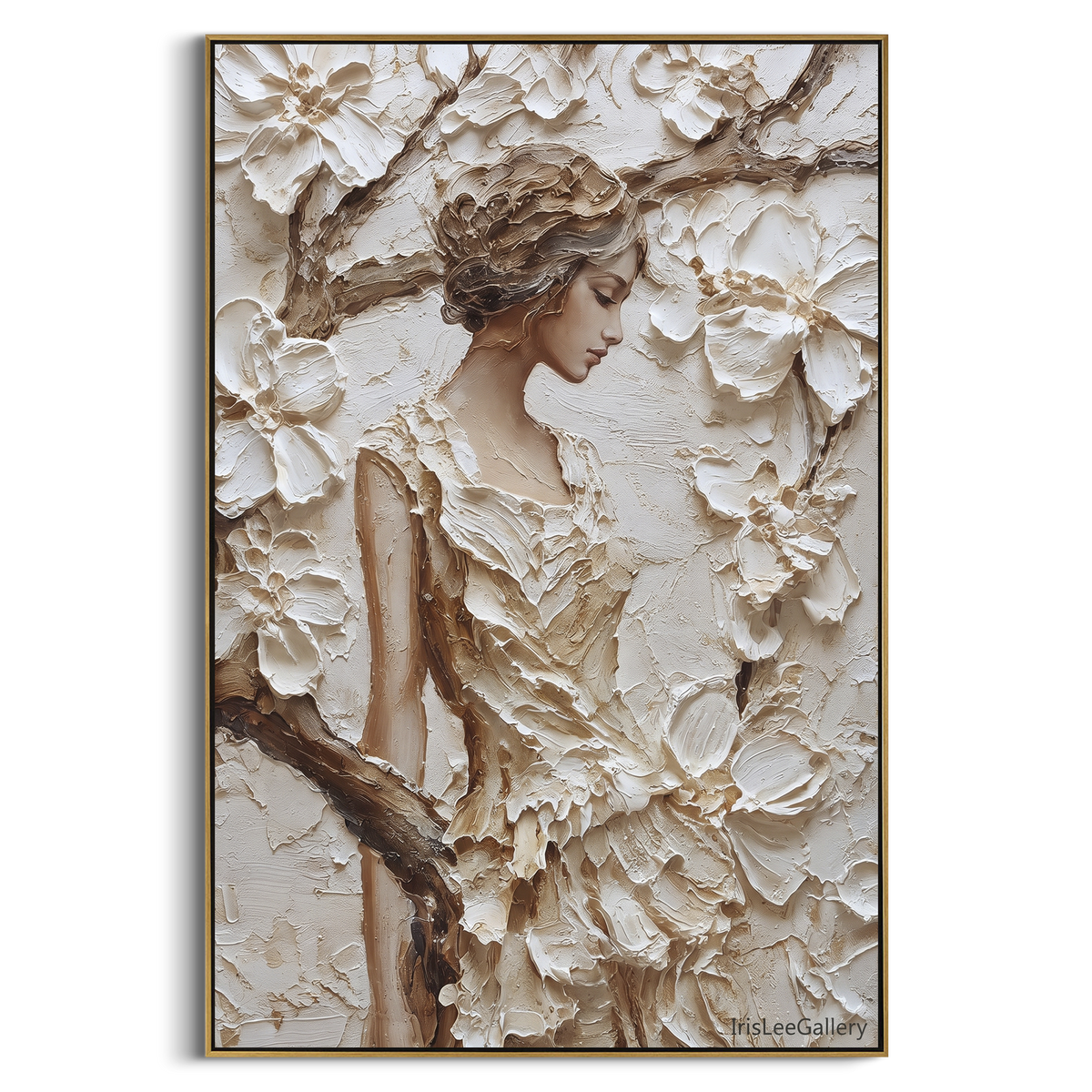 Floral Woman Relief Portrait focuses on this hand-painted textured canvas features geometric relief forms, carved linework, layered plaster blocks, and measured modern surface rhythm, built with raised palette-knife texture, layered brushwork, and sculptural plaster-like depth. The composition is described from the actual main image, so the visible subject, color balance, spacing, and surface movement stay specific to this product instead of reading like a batch title. Raised palette-knife