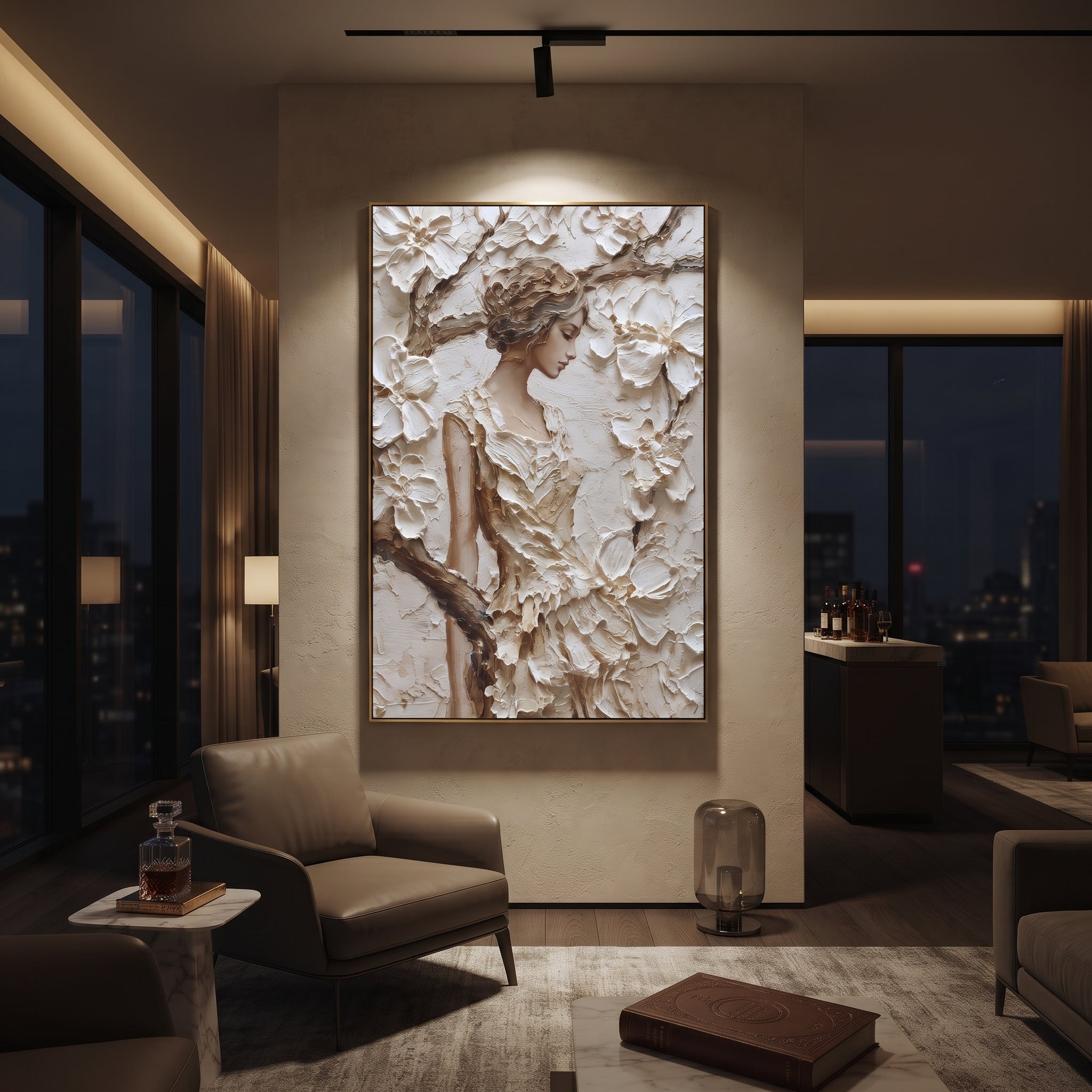 Floral Woman Relief Portrait focuses on this hand-painted textured canvas features geometric relief forms, carved linework, layered plaster blocks, and measured modern surface rhythm, built with raised palette-knife texture, layered brushwork, and sculptural plaster-like depth. The composition is described from the actual main image, so the visible subject, color balance, spacing, and surface movement stay specific to this product instead of reading like a batch title. Raised palette-knife