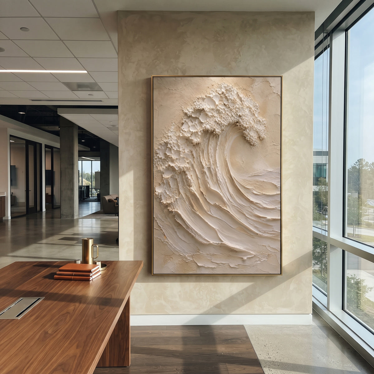 Beige Sculpted Wave focuses on this hand-painted textured canvas features geometric relief forms, carved linework, layered plaster blocks, and measured modern surface rhythm, built with raised palette-knife texture, layered brushwork, and sculptural plaster-like depth. The composition is described from the actual main image, so the visible subject, color balance, spacing, and surface movement stay specific to this product instead of reading like a batch title. Raised palette-knife layers