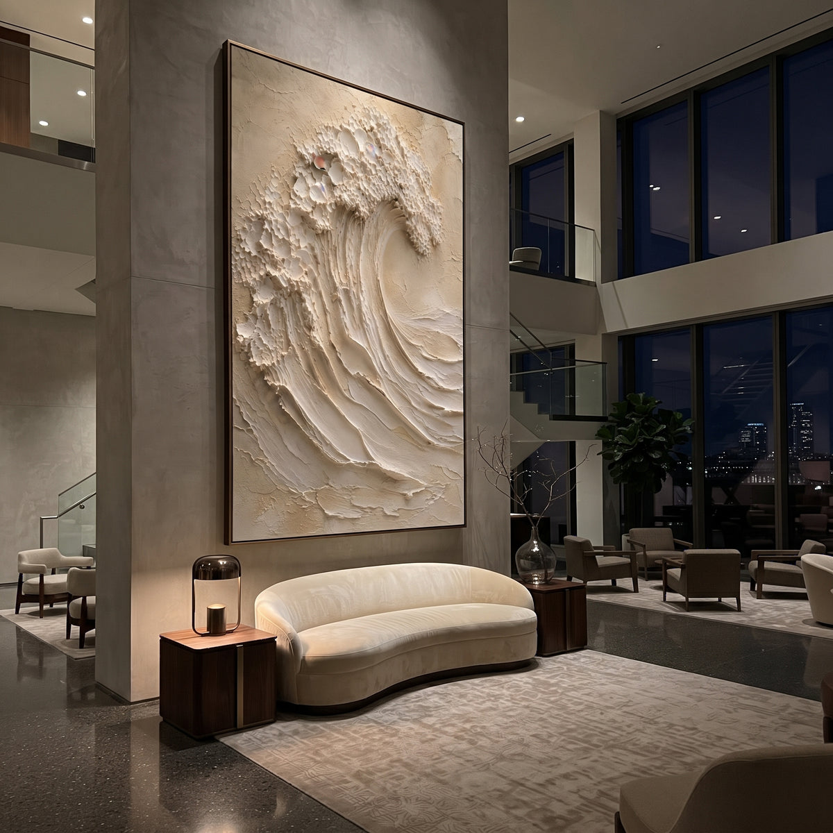 Beige Sculpted Wave focuses on this hand-painted textured canvas features geometric relief forms, carved linework, layered plaster blocks, and measured modern surface rhythm, built with raised palette-knife texture, layered brushwork, and sculptural plaster-like depth. The composition is described from the actual main image, so the visible subject, color balance, spacing, and surface movement stay specific to this product instead of reading like a batch title. Raised palette-knife layers