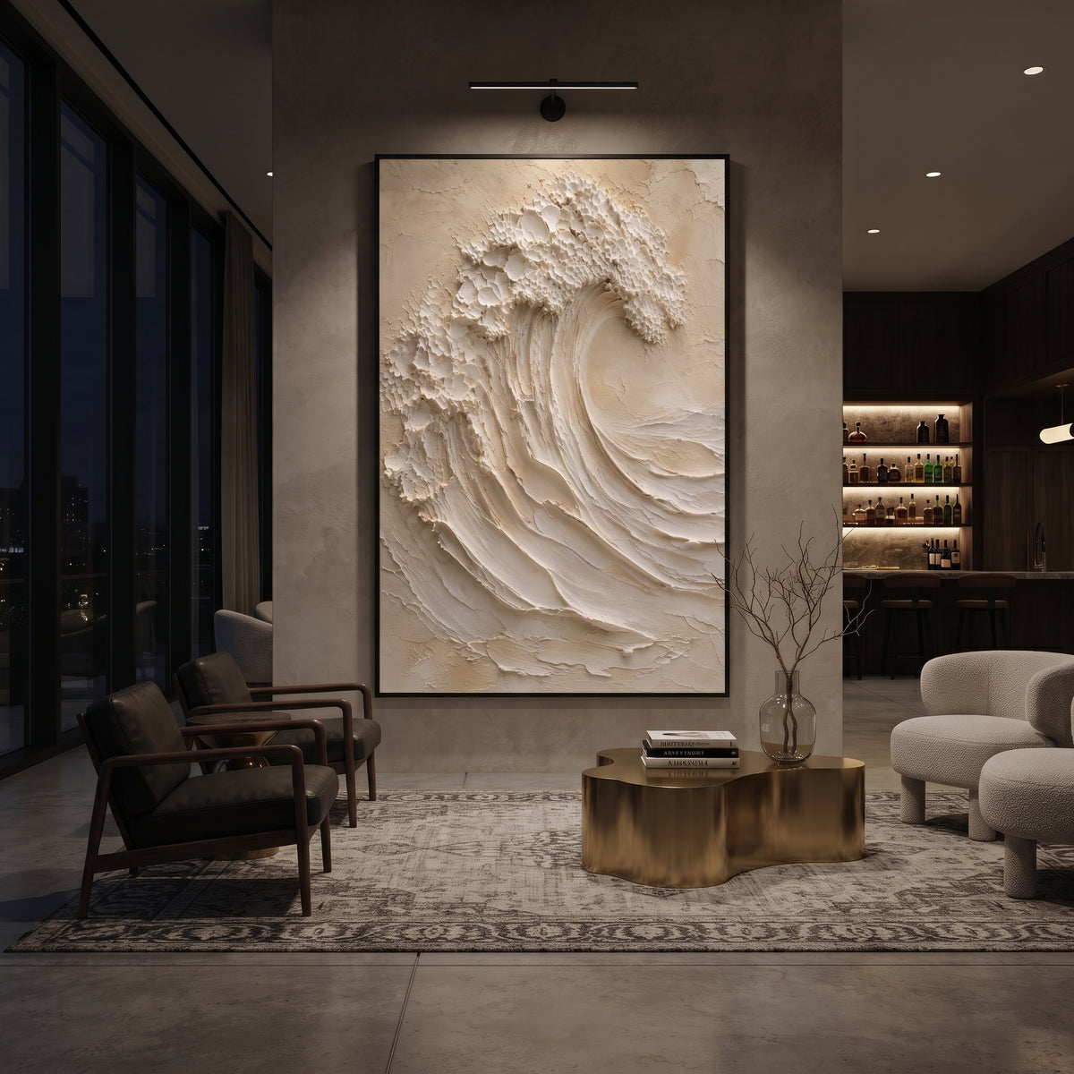 Beige Sculpted Wave focuses on this hand-painted textured canvas features geometric relief forms, carved linework, layered plaster blocks, and measured modern surface rhythm, built with raised palette-knife texture, layered brushwork, and sculptural plaster-like depth. The composition is described from the actual main image, so the visible subject, color balance, spacing, and surface movement stay specific to this product instead of reading like a batch title. Raised palette-knife layers
