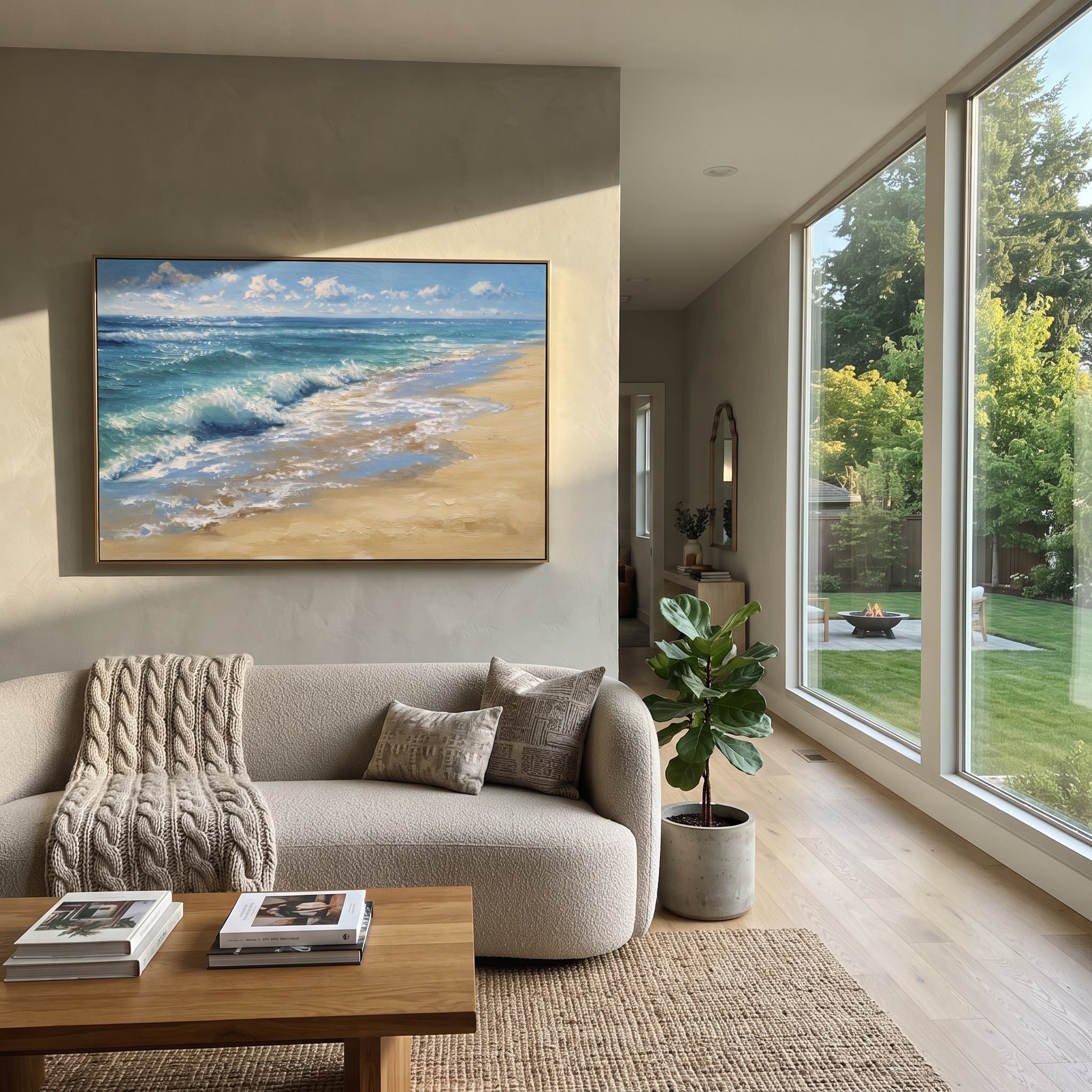 Sunny Beach Wave focuses on this hand-painted textured canvas features coastal surf, raised seafoam, shoreline movement, and layered blue-green water texture, built with raised palette-knife texture, layered brushwork, and sculptural plaster-like depth. The composition is described from the actual main image, so the visible subject, color balance, spacing, and surface movement stay specific to this product instead of reading like a batch title. Raised palette-knife layers, sculpted impasto