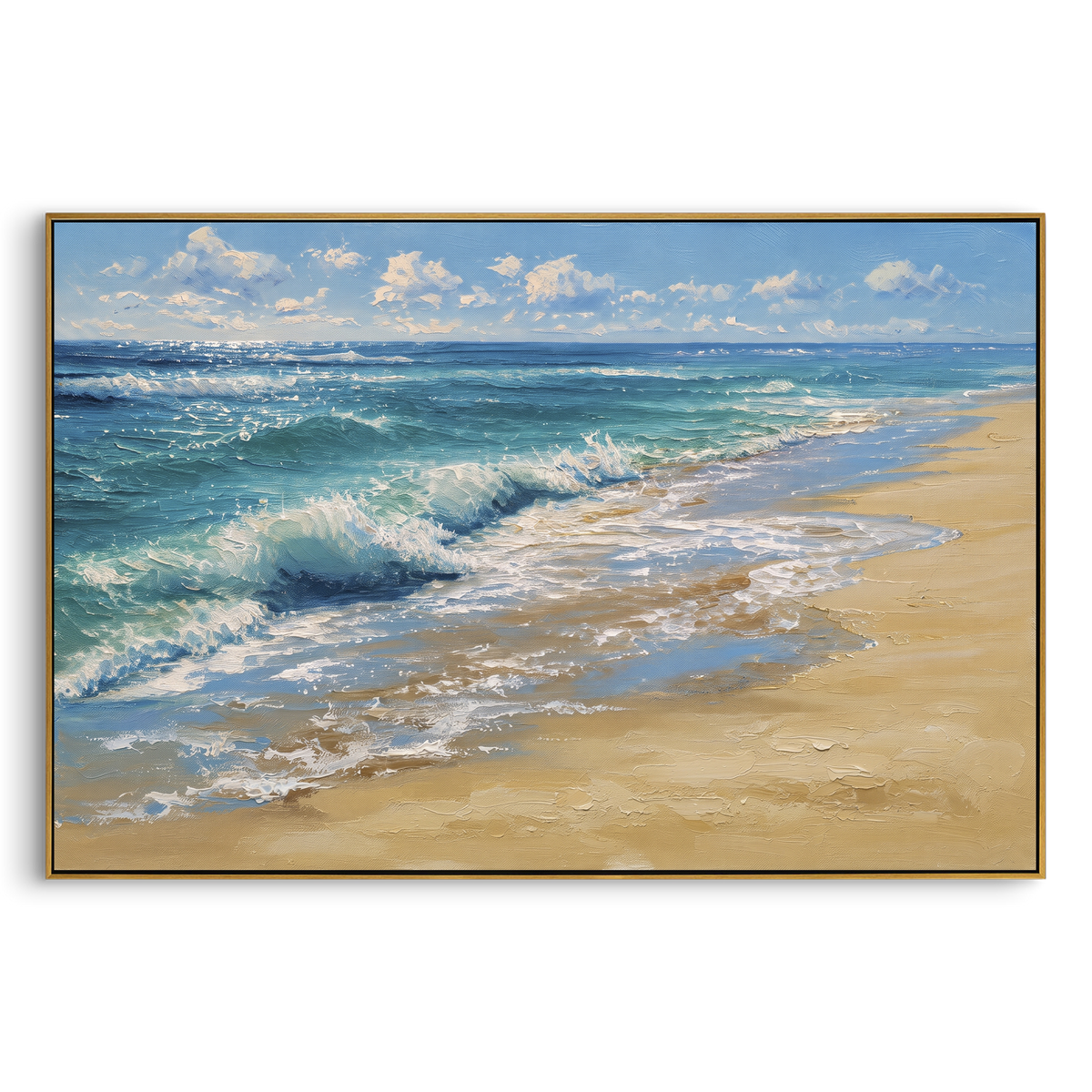 "Sunny Beach Wave" - Modern Heavy Impasto Ocean Wave Seascape | Blue & Beige Palette Knife Painting | Luxury Horizontal Wall Art #PT 1834
