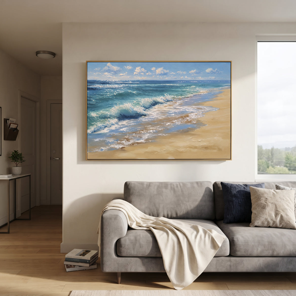 Sunny Beach Wave focuses on this hand-painted textured canvas features coastal surf, raised seafoam, shoreline movement, and layered blue-green water texture, built with raised palette-knife texture, layered brushwork, and sculptural plaster-like depth. The composition is described from the actual main image, so the visible subject, color balance, spacing, and surface movement stay specific to this product instead of reading like a batch title. Raised palette-knife layers, sculpted impasto