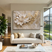 White Gold Floral Relief focuses on this hand-painted textured canvas features geometric relief forms, carved linework, layered plaster blocks, and measured modern surface rhythm, built with raised palette-knife texture, layered brushwork, and sculptural plaster-like depth. The composition is described from the actual main image, so the visible subject, color balance, spacing, and surface movement stay specific to this product instead of reading like a batch title. Raised palette-knife layers