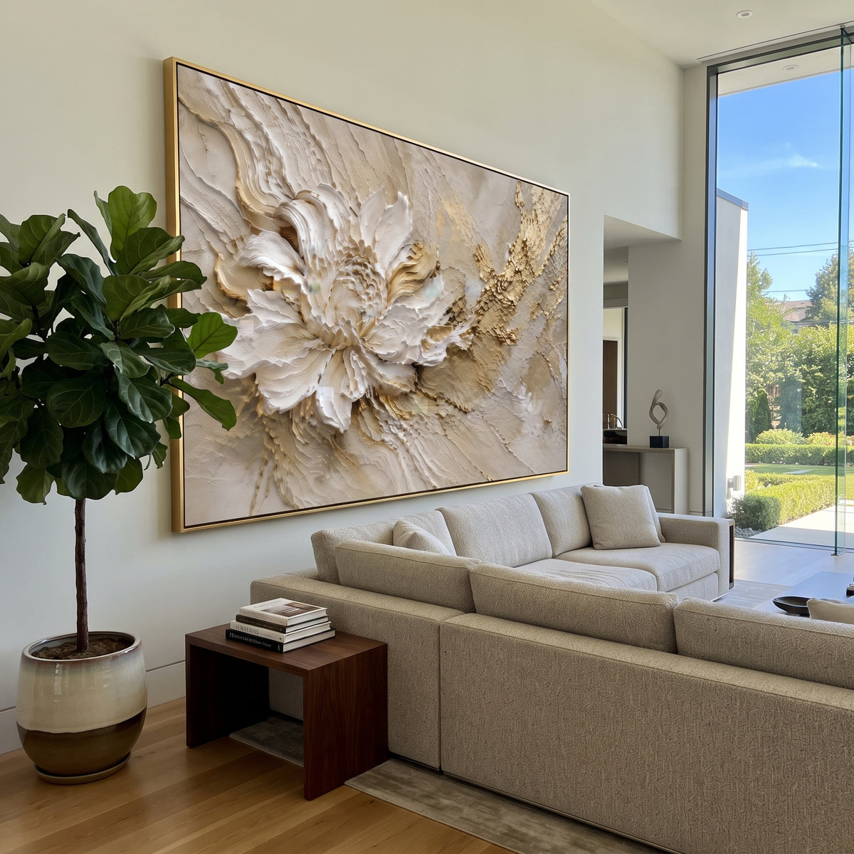 White Gold Floral Relief focuses on this hand-painted textured canvas features geometric relief forms, carved linework, layered plaster blocks, and measured modern surface rhythm, built with raised palette-knife texture, layered brushwork, and sculptural plaster-like depth. The composition is described from the actual main image, so the visible subject, color balance, spacing, and surface movement stay specific to this product instead of reading like a batch title. Raised palette-knife layers