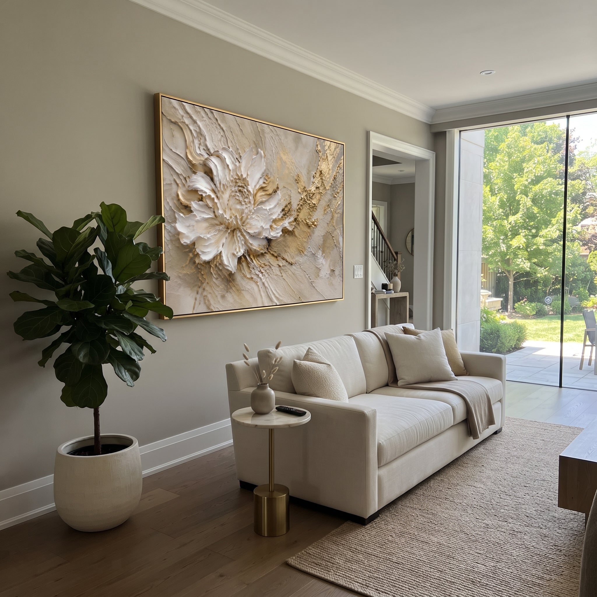 White Gold Floral Relief focuses on this hand-painted textured canvas features geometric relief forms, carved linework, layered plaster blocks, and measured modern surface rhythm, built with raised palette-knife texture, layered brushwork, and sculptural plaster-like depth. The composition is described from the actual main image, so the visible subject, color balance, spacing, and surface movement stay specific to this product instead of reading like a batch title. Raised palette-knife layers