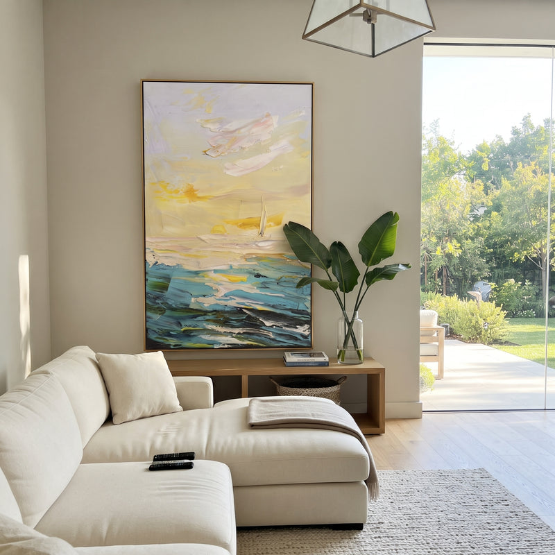 "Yellow Sailboat Seascape" - Modern Heavy Impasto Sailboat Seascape | Yellow & Blue Palette Knife Painting | Luxury Vertical Wall Art #PT 1836