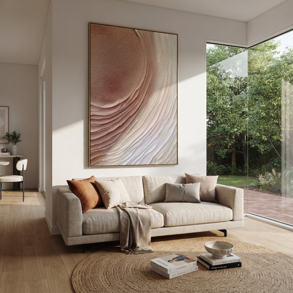 "Blush Moon Arc Relief" - Modern Heavy Impasto Geometric Abstract | Pink & White Palette Knife Painting | Luxury Vertical Wall Art #PT 1837