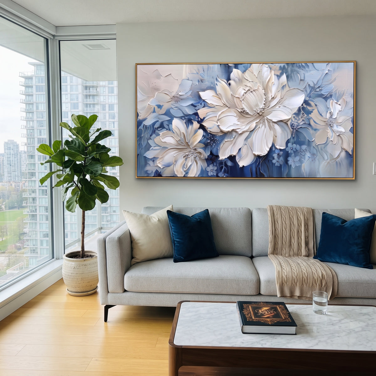 Blue White Floral Impasto focuses on this hand-painted textured canvas features coastal surf, raised seafoam, shoreline movement, and layered blue-green water texture, built with raised palette-knife texture, layered brushwork, and sculptural plaster-like depth. The composition is described from the actual main image, so the visible subject, color balance, spacing, and surface movement stay specific to this product instead of reading like a batch title. Raised palette-knife layers, sculpted
