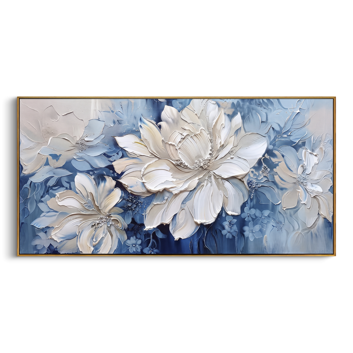 Blue White Floral Impasto focuses on this hand-painted textured canvas features coastal surf, raised seafoam, shoreline movement, and layered blue-green water texture, built with raised palette-knife texture, layered brushwork, and sculptural plaster-like depth. The composition is described from the actual main image, so the visible subject, color balance, spacing, and surface movement stay specific to this product instead of reading like a batch title. Raised palette-knife layers, sculpted