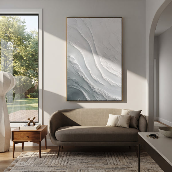 "Grey White Flow Relief" - Modern Heavy Impasto Abstract Artwork | Grey & White Palette Knife Painting | Luxury Vertical Wall Art #PT 1839