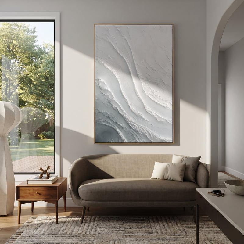 "Grey White Flow Relief" - Modern Heavy Impasto Abstract Artwork | Grey & White Palette Knife Painting | Luxury Vertical Wall Art #PT 1839
