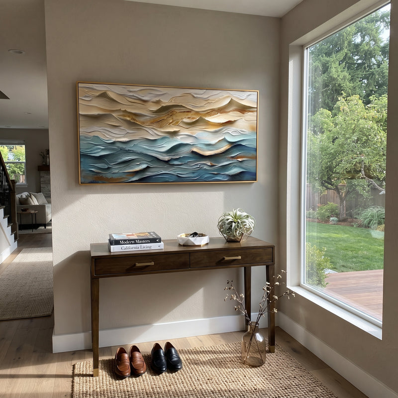 "Layered Ocean Relief" - Modern Heavy Impasto Ocean Wave Seascape | Blue & Beige Palette Knife Painting | Luxury Horizontal Wall Art #PT 1840