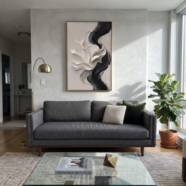 "Black White Flower Relief" - Modern Heavy Impasto Floral Abstract | Black & White Palette Knife Painting | Luxury Vertical Wall Art #PT 1843