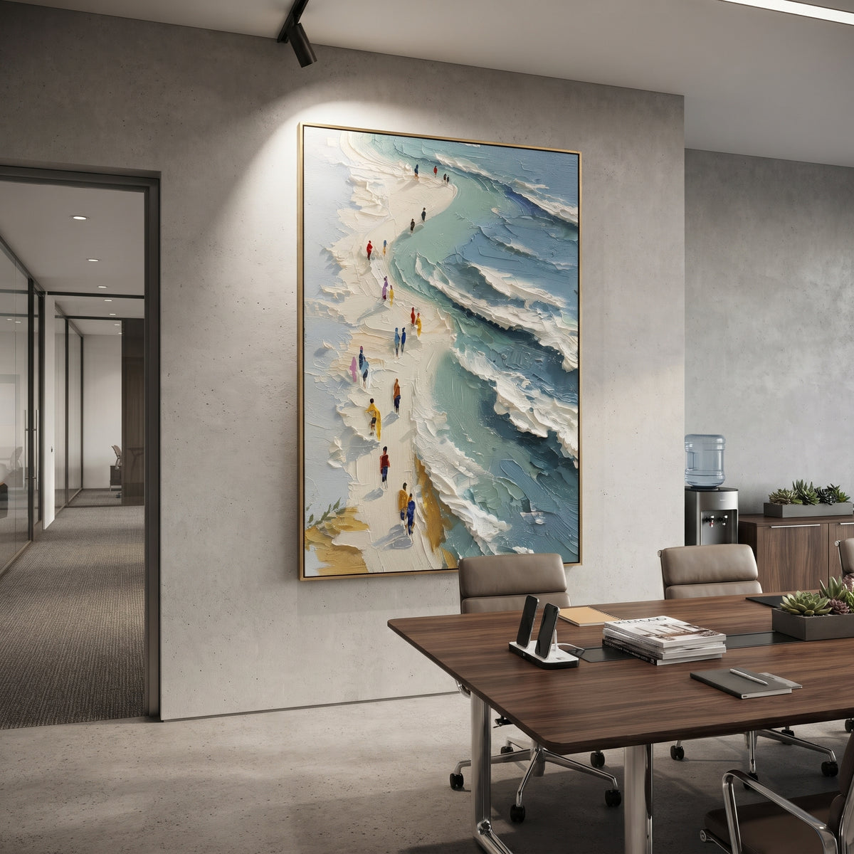 Coastal Walkway Waves focuses on this hand-painted textured canvas features coastal surf, raised seafoam, shoreline movement, and layered blue-green water texture, built with raised palette-knife texture, layered brushwork, and sculptural plaster-like depth. The composition is described from the actual main image, so the visible subject, color balance, spacing, and surface movement stay specific to this product instead of reading like a batch title. Raised palette-knife layers, sculpted impasto