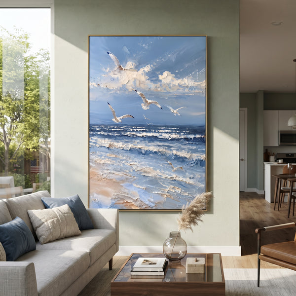 "Seagulls Over Ocean" - Modern Heavy Impasto Ocean Wave Seascape | Blue & White Palette Knife Painting | Luxury Vertical Wall Art #PT 1846
