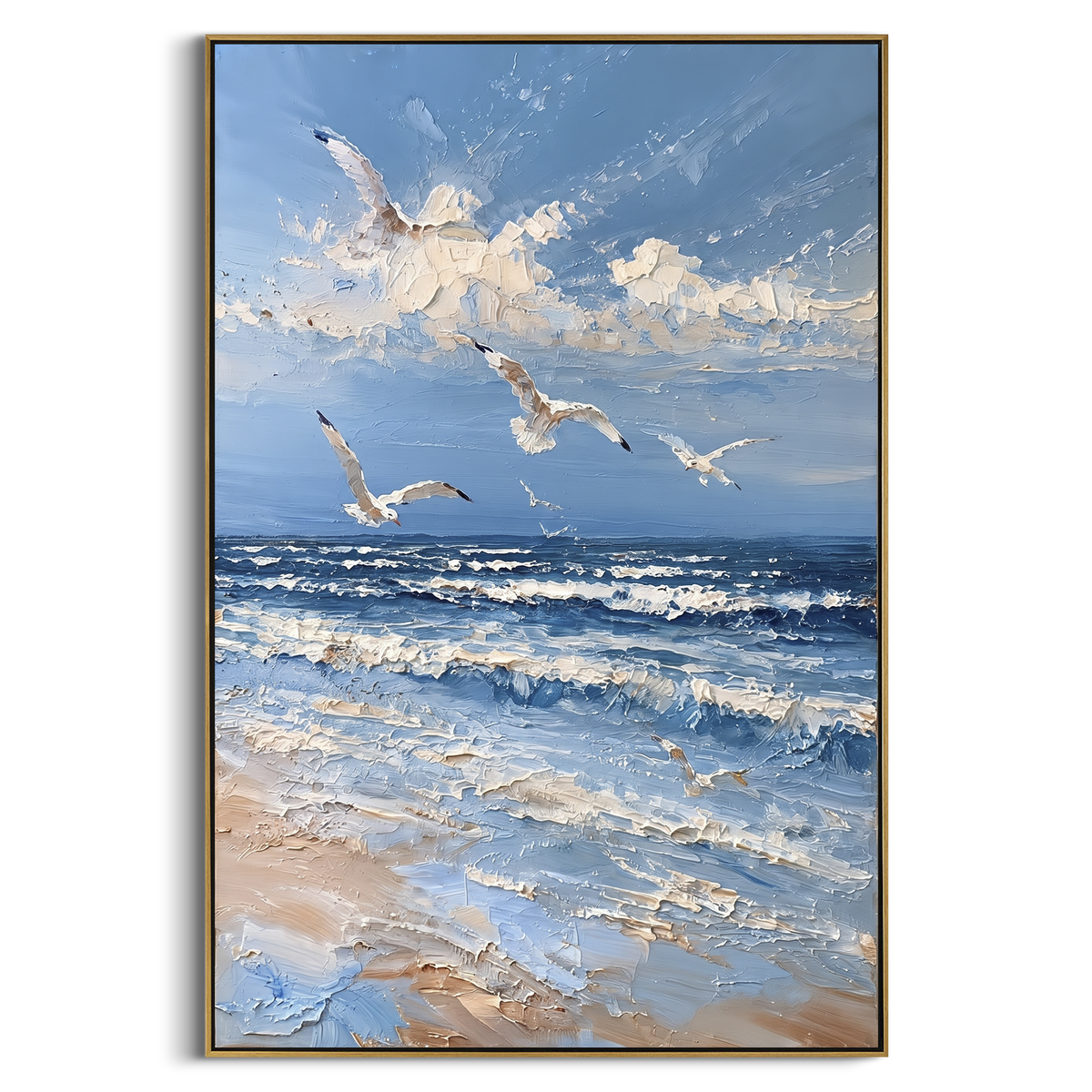Seagulls Over Ocean focuses on this hand-painted textured canvas features coastal surf, raised seafoam, shoreline movement, and layered blue-green water texture, built with raised palette-knife texture, layered brushwork, and sculptural plaster-like depth. The composition is described from the actual main image, so the visible subject, color balance, spacing, and surface movement stay specific to this product instead of reading like a batch title. Raised palette-knife layers, sculpted impasto