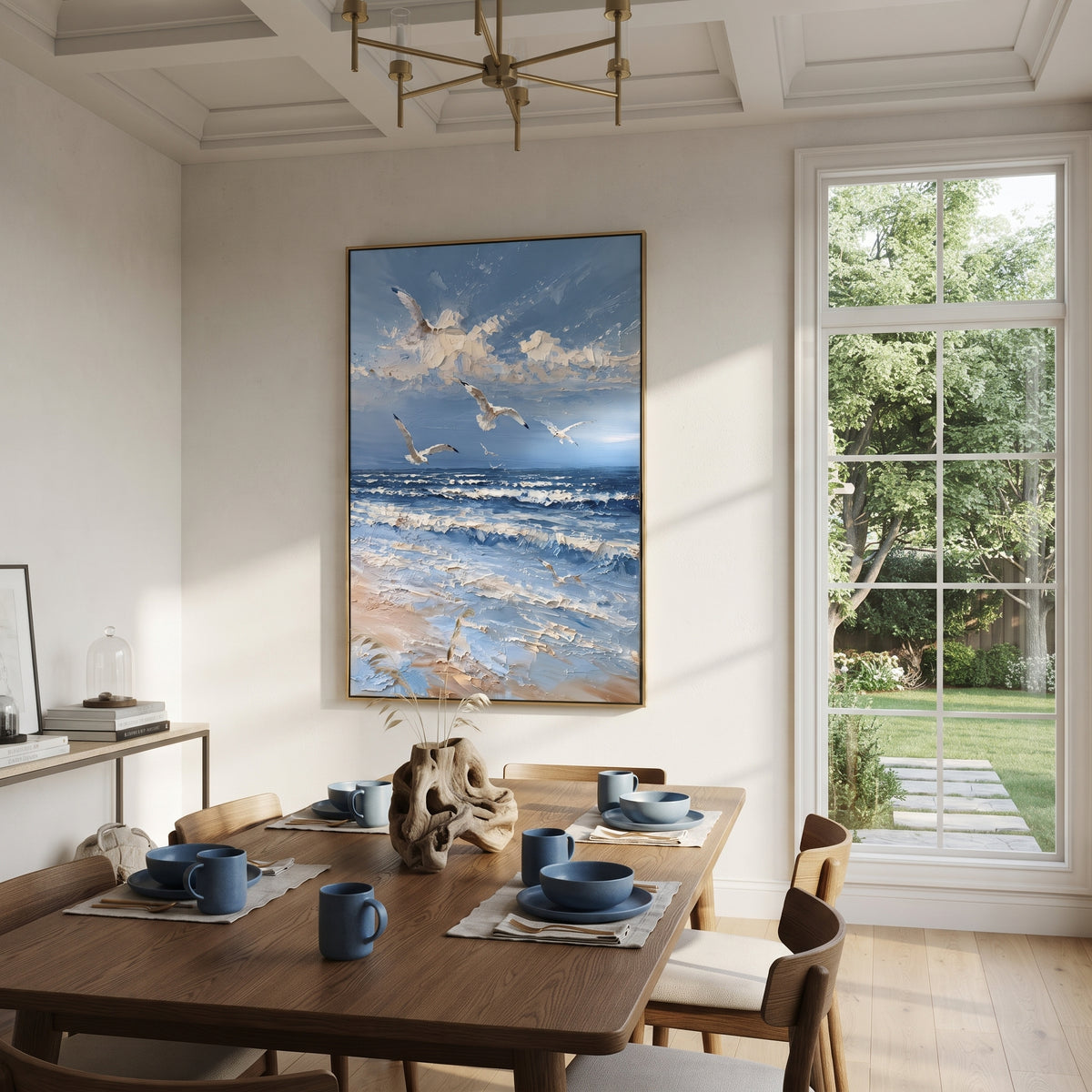 Seagulls Over Ocean focuses on this hand-painted textured canvas features coastal surf, raised seafoam, shoreline movement, and layered blue-green water texture, built with raised palette-knife texture, layered brushwork, and sculptural plaster-like depth. The composition is described from the actual main image, so the visible subject, color balance, spacing, and surface movement stay specific to this product instead of reading like a batch title. Raised palette-knife layers, sculpted impasto